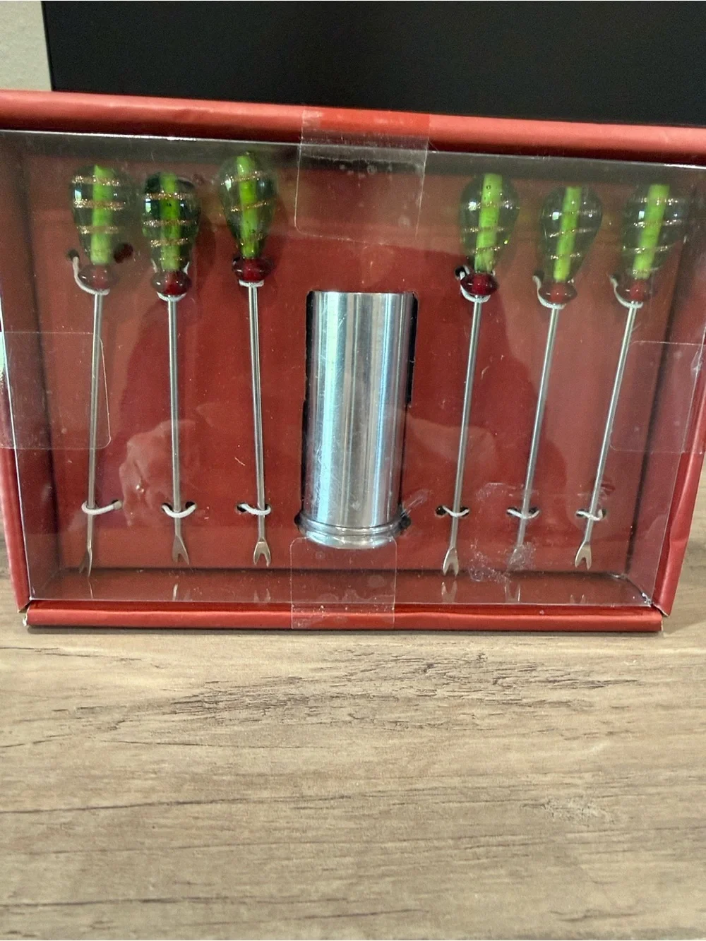Pier One Green Striped Olive Picks Set with Stainless Tool